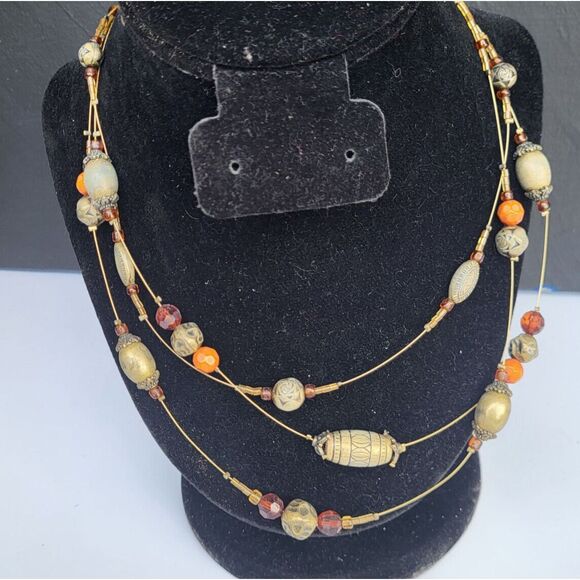 Earthy Triple Strand Floating Station Bohemian Brass Rust & Garnet Necklace 17" - Picture 4 of 14